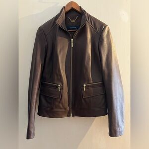 COLE HAAN Brown Leather Wing Collar Jacket Size S